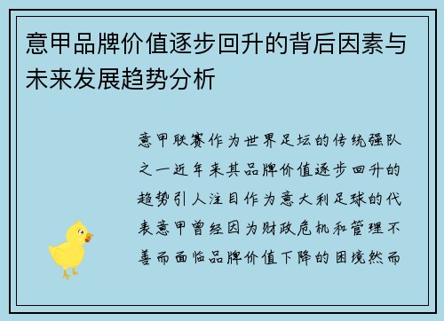 意甲品牌价值逐步回升的背后因素与未来发展趋势分析