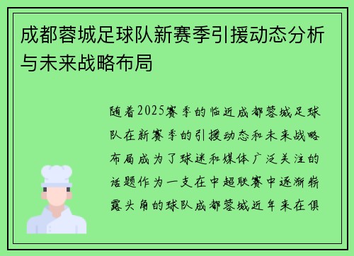 成都蓉城足球队新赛季引援动态分析与未来战略布局