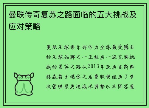 曼联传奇复苏之路面临的五大挑战及应对策略
