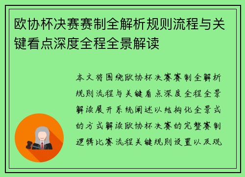 欧协杯决赛赛制全解析规则流程与关键看点深度全程全景解读